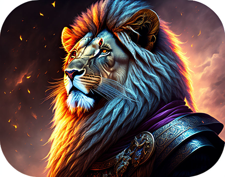 Majestic lion in regal armor against fiery backdrop