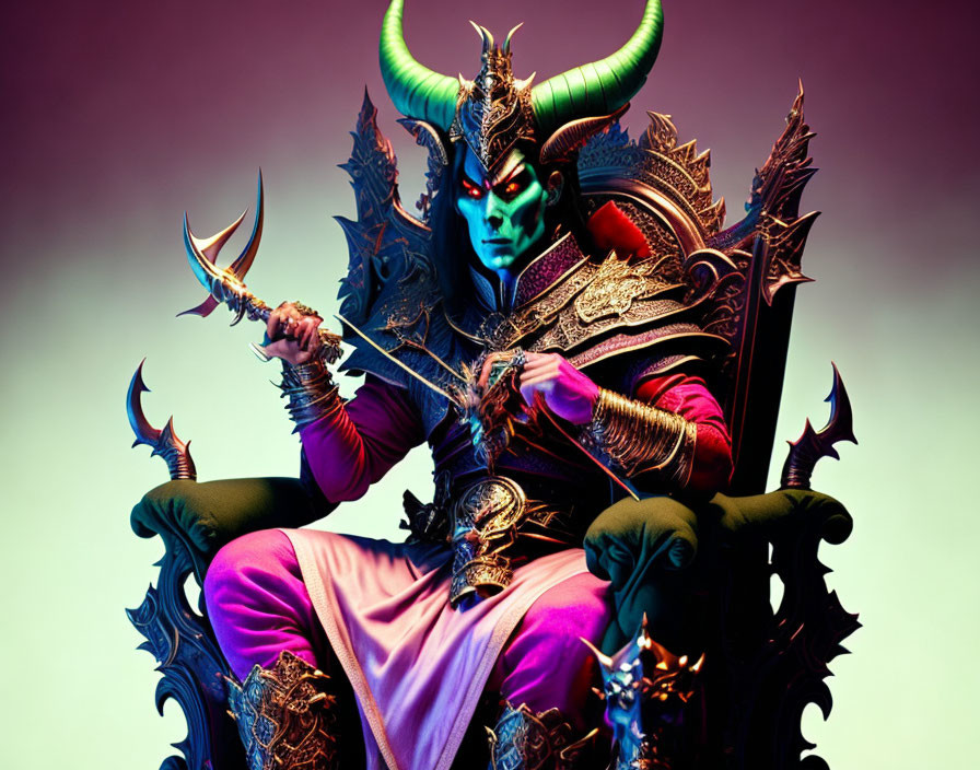 Elaborate demon-like fantasy costume on throne with scepter