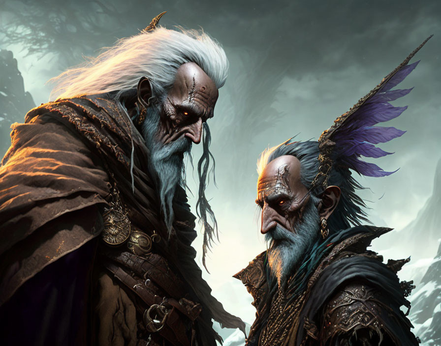 Elder warriors with white hair in fantasy armor against mountainous backdrop