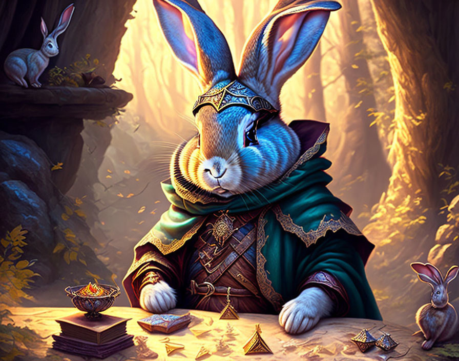 Majestic anthromorphic rabbit in ornate clothing with mystical forest background and crystal.