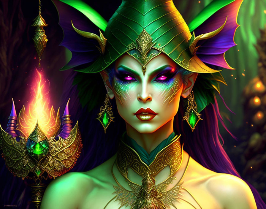 Fantasy artwork: Female character with green and purple tones, elaborate headdress, glowing staff, intricate