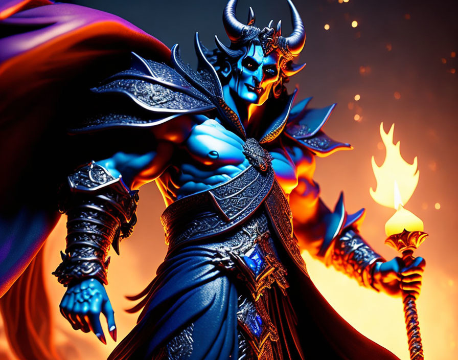 Colorful Artwork of Blue-Skinned Character in Armor with Flaming Torch