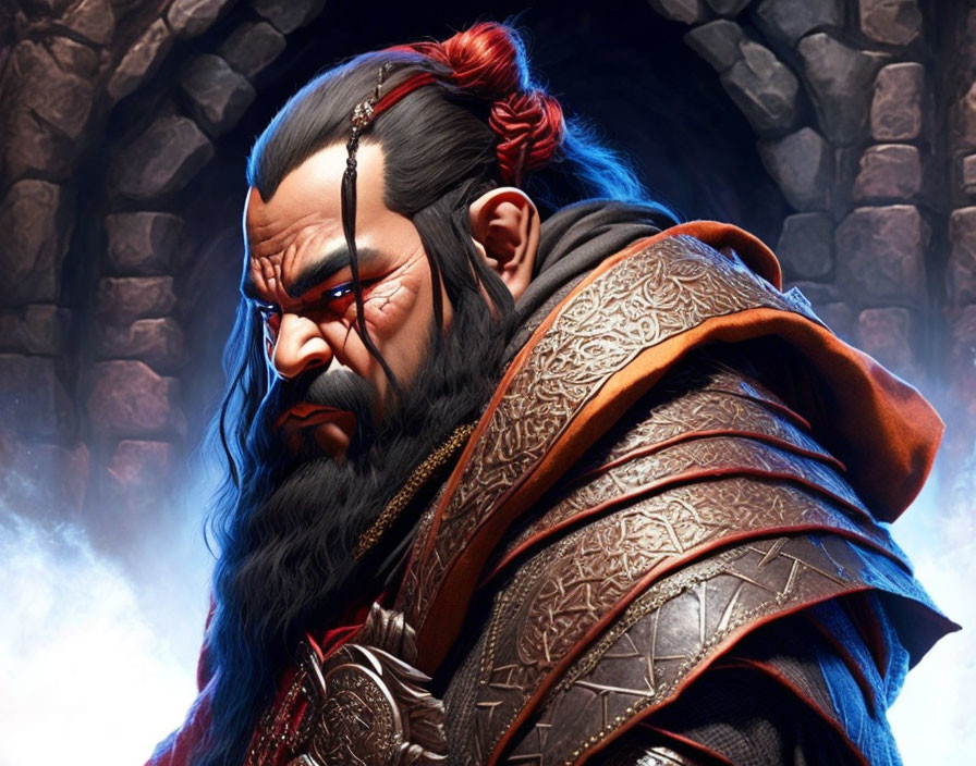 Animated warrior in ornate armor with red topknot and full beard against stone archway.