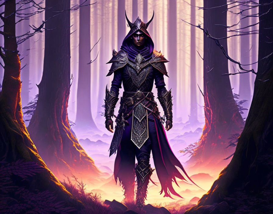 Fantasy armor-clad figure in purple forest with tall trees