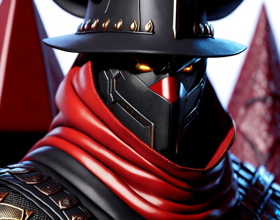 Character with Black Hat, Glowing Red Eyes, Red & Black Cloak, Textured Armor