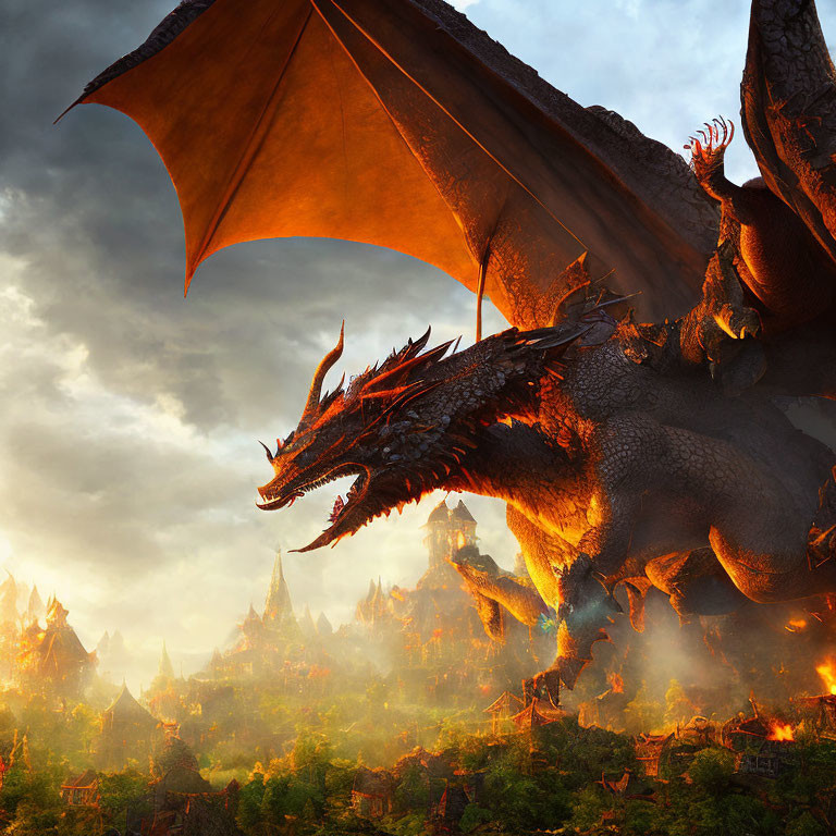 Fiery red-eyed dragon with expansive wings in mystical landscape