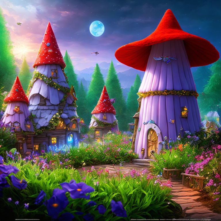 Whimsical mushroom houses in enchanted forest clearing