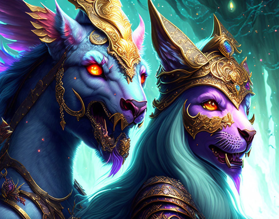 Majestic fantasy feline creatures in ornate gold armor with magical glowing background