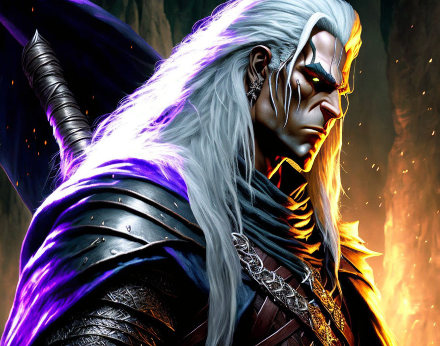 Fantasy warrior digital artwork with silver hair, red-eyed mask, dark armor, fiery backdrop