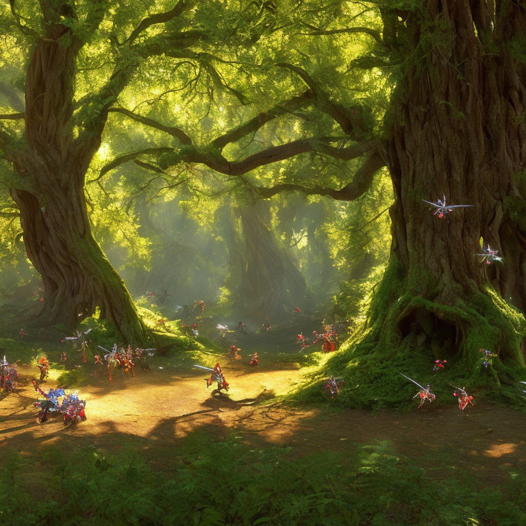 Sunlit enchanted forest with colorful fairies in lush greenery