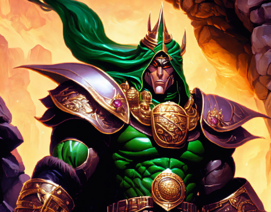 Majestic Green-Skinned Armored Figure with Golden Helm and Cape