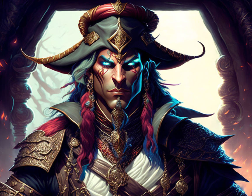 Blue-skinned fantasy character in pirate captain attire with tricorn hat and horns.