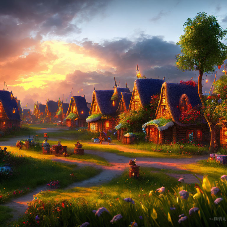 Scenic village with thatched-roof cottages and colorful flowers at sunset