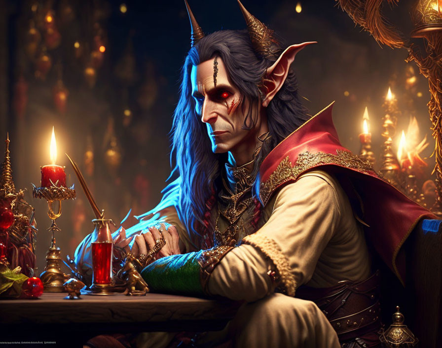 Elvish character in fantasy artwork at mystical table