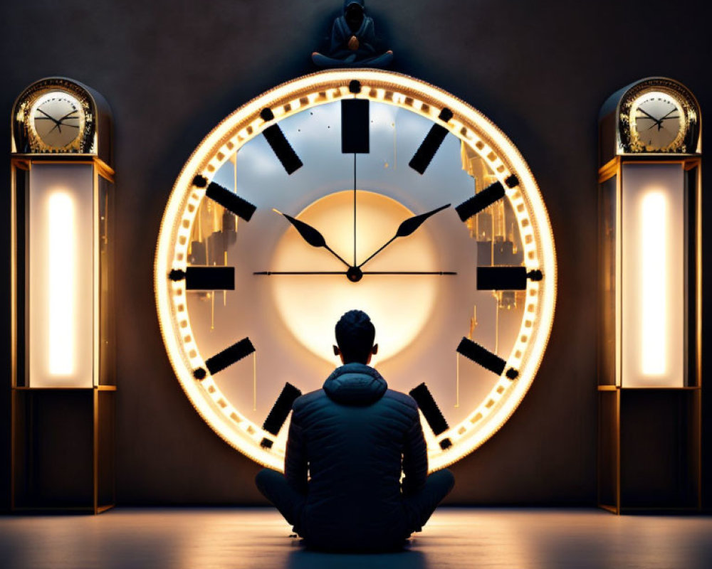 Person Contemplating Illuminated Clocks in Dimly Lit Room