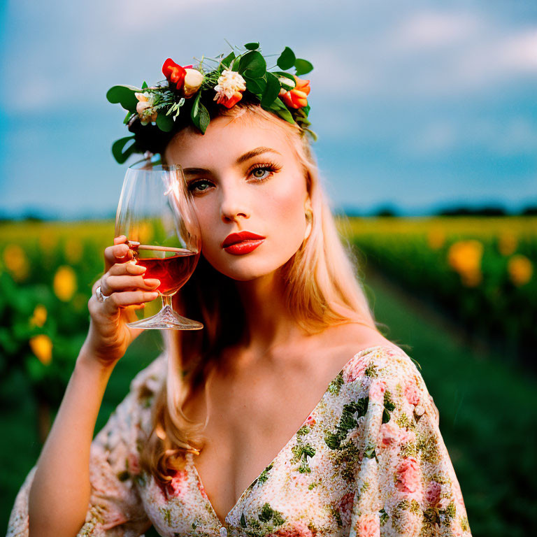 Woman wearing floral crown with wine glass in sunlit field