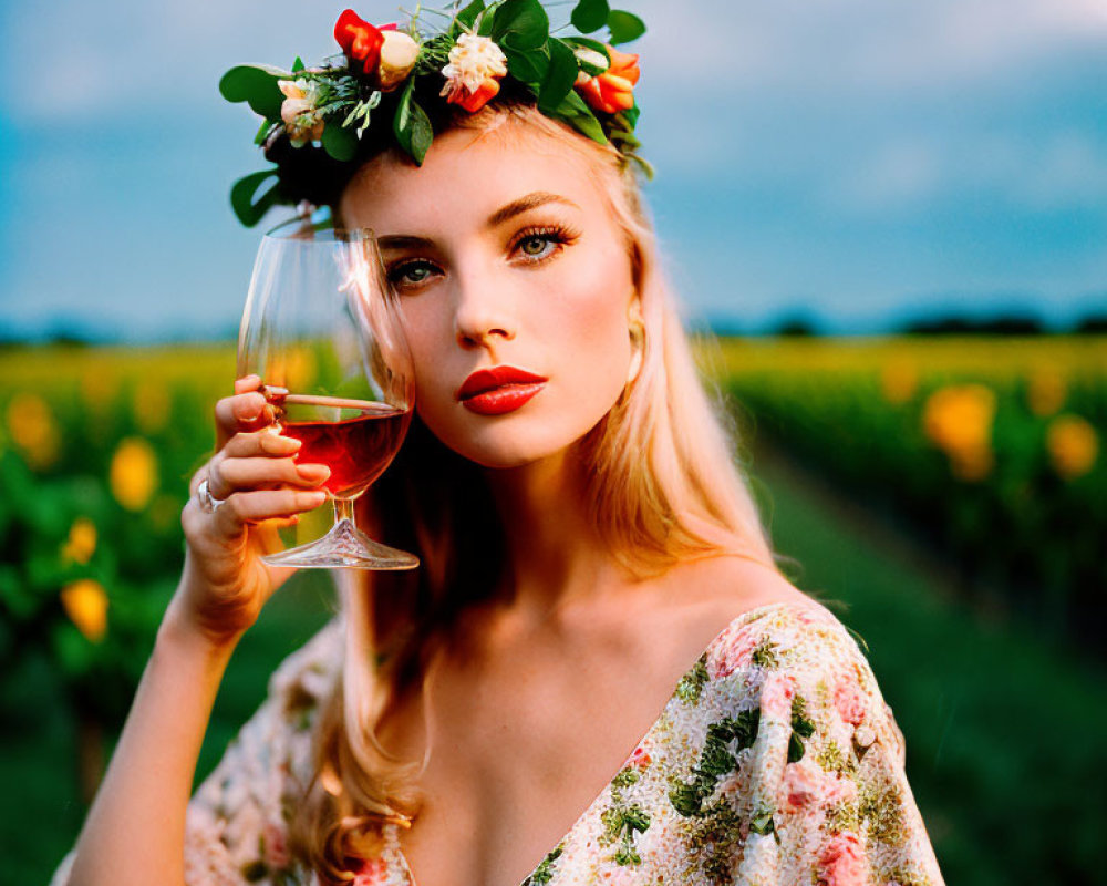 Woman wearing floral crown with wine glass in sunlit field