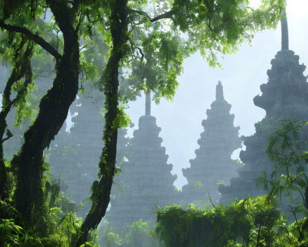 Ancient stone temples in misty jungle setting