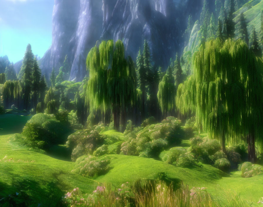 Landscape with weeping willows, lush bushes, and mountains in soft sunlight