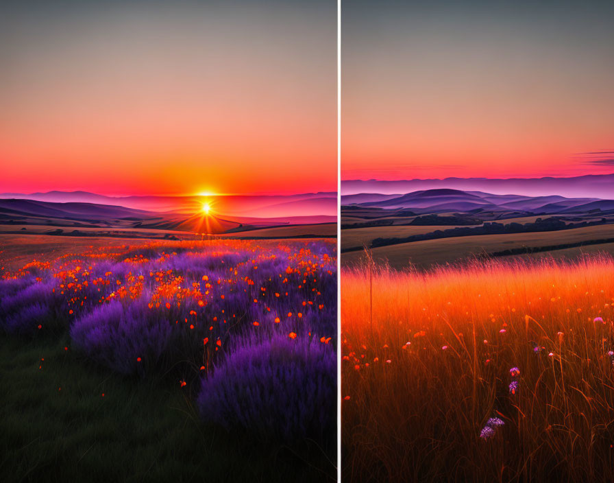 Split-image of rolling hills at sunrise and sunset with wildflowers and layered hills.