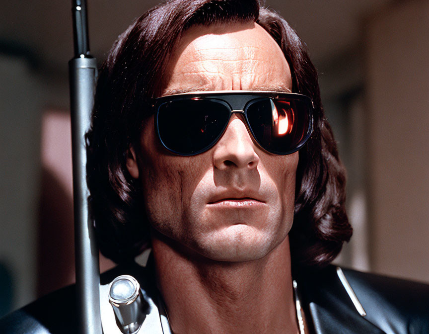 Man with Long Dark Hair in Leather Jacket and Sunglasses with Robotic Arm