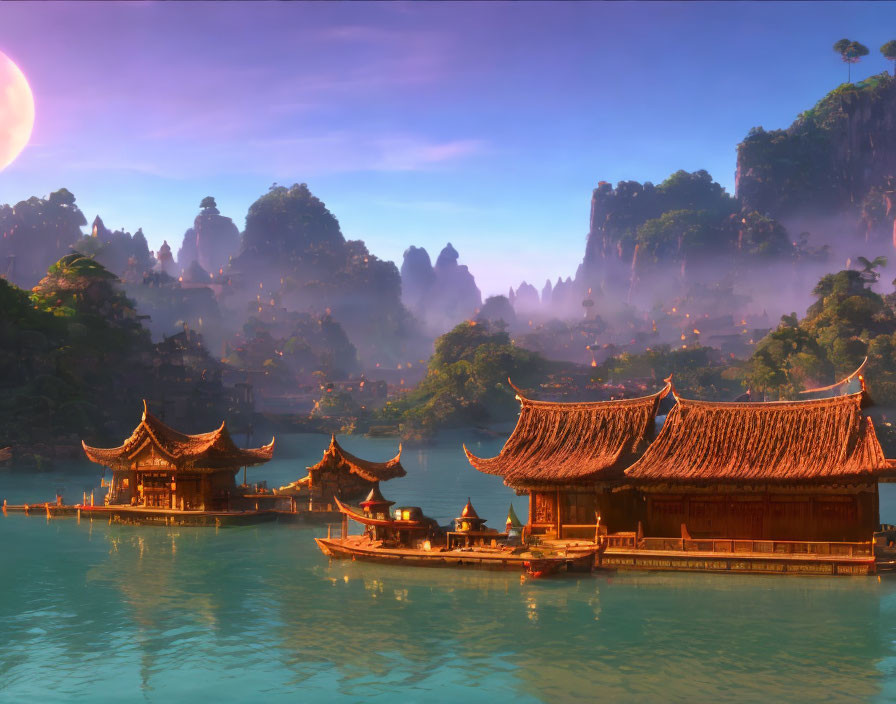 Tranquil Asian architecture by misty lake and karst mountains