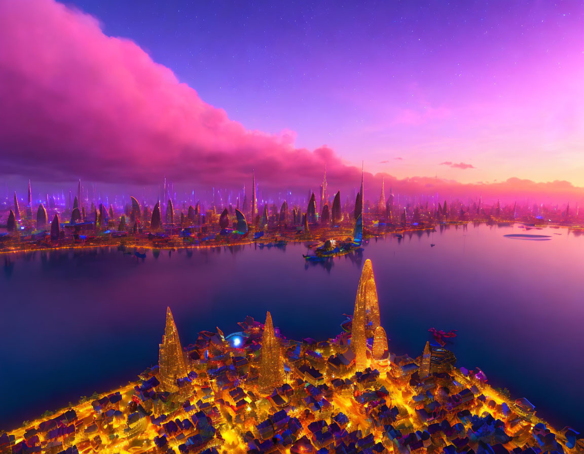 Vibrant purple twilight cityscape with golden buildings and tranquil water