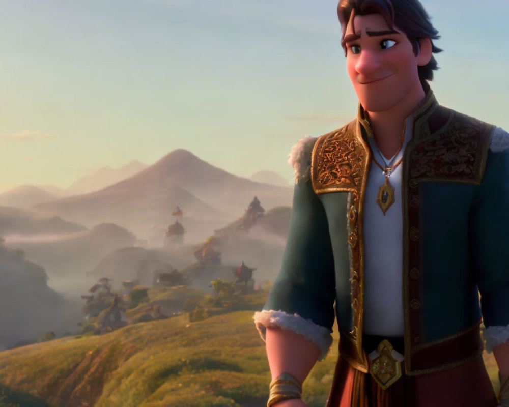 Confident animated character in green jacket and maroon vest against mountain backdrop