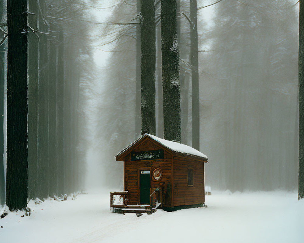 Snowy forest scene: small wooden cabin in serene winter setting