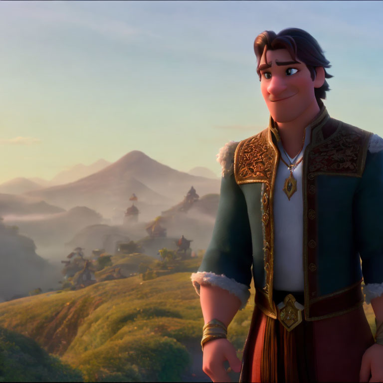 Confident animated character in green jacket and maroon vest against mountain backdrop