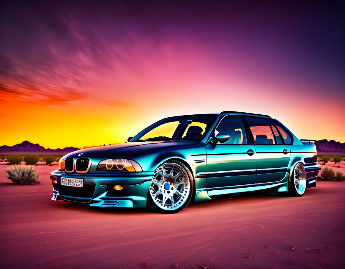 Colorful BMW car parked in desert with glowing effects, mountains, and vibrant sky