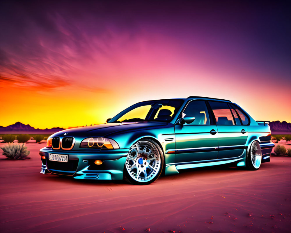 Colorful BMW car parked in desert with glowing effects, mountains, and vibrant sky