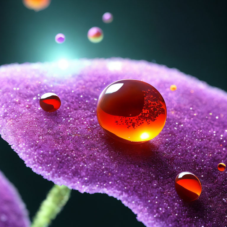 Close-up of purple leaf with dewdrops reflecting warm glow