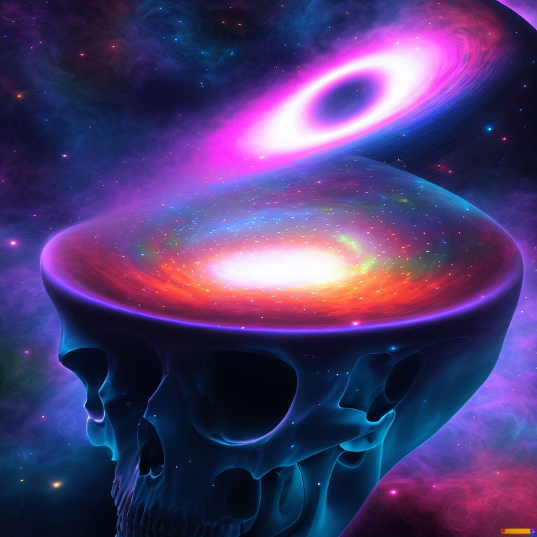 Colorful digital artwork: Skull with cosmic galaxy, pink and blue spiral galaxy, starry nebula