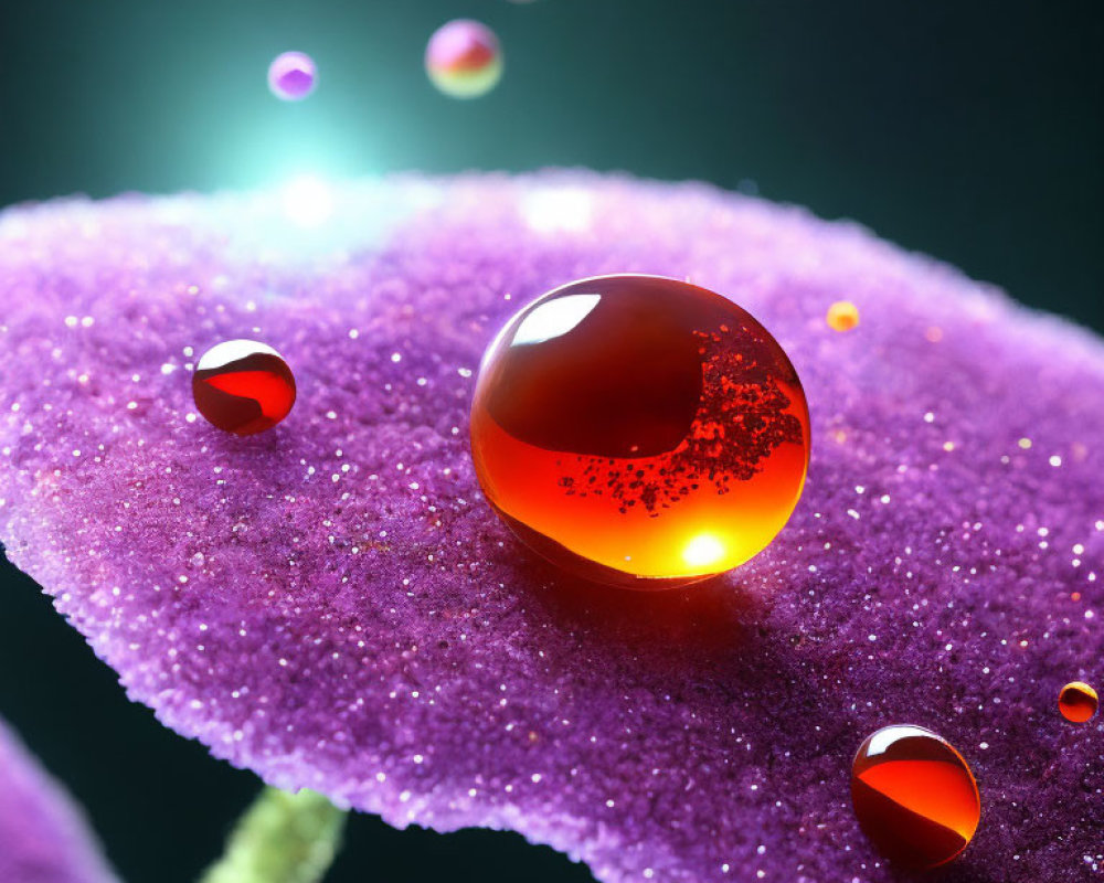 Close-up of purple leaf with dewdrops reflecting warm glow