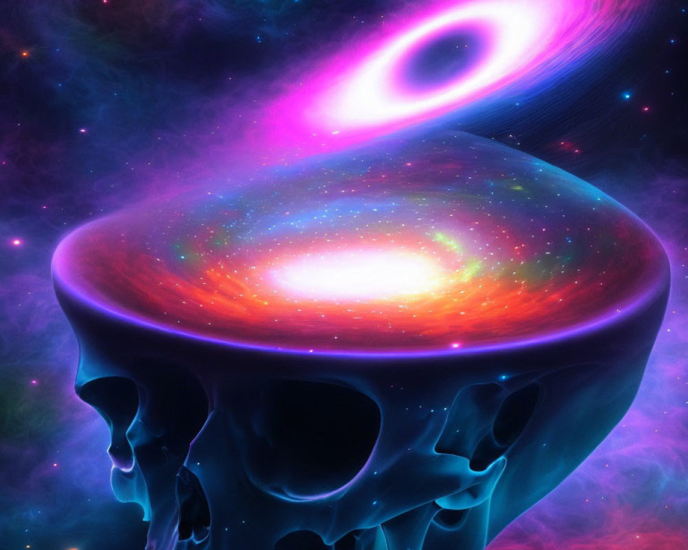 Colorful digital artwork: Skull with cosmic galaxy, pink and blue spiral galaxy, starry nebula