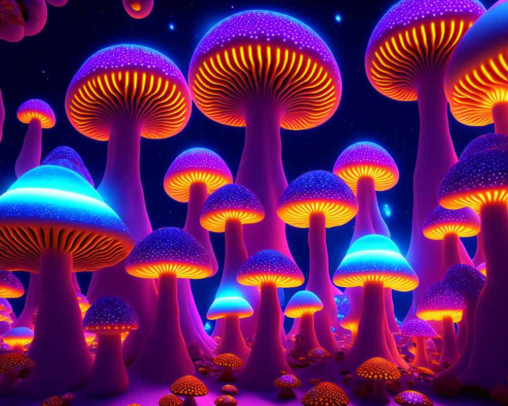 Fantastical glowing mushrooms in neon-lit night scene