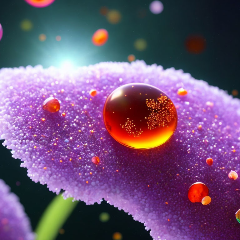 Translucent orange liquid bead on purple dew-covered surface