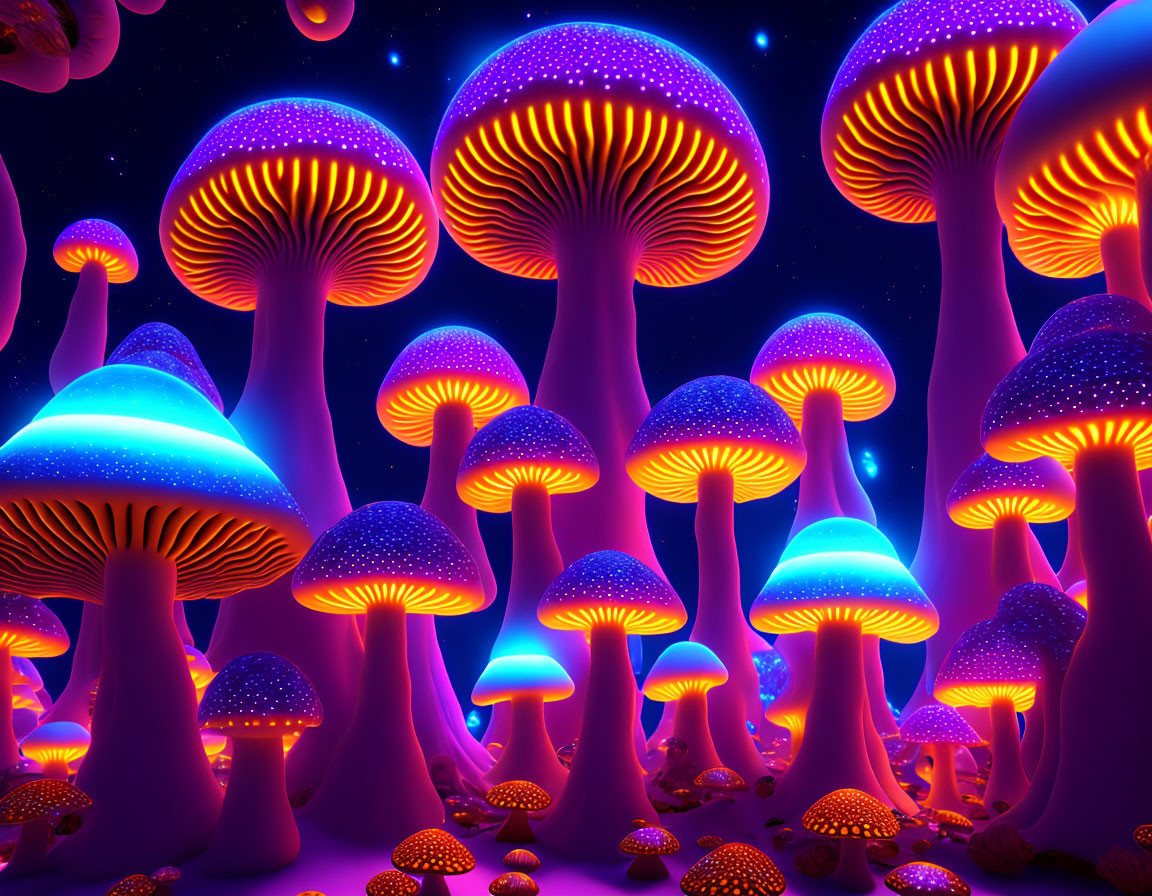 Fantastical glowing mushrooms in neon-lit night scene