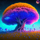 Fantastical glowing mushrooms in neon-lit night scene