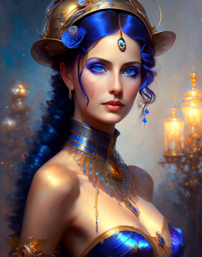 Illustrated woman with blue hair and golden headdress in mystical outfit