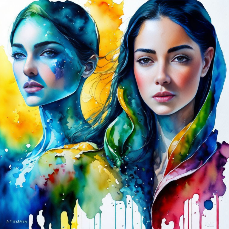 Colorful Watercolor Painting of Two Women's Faces in Abstract Background