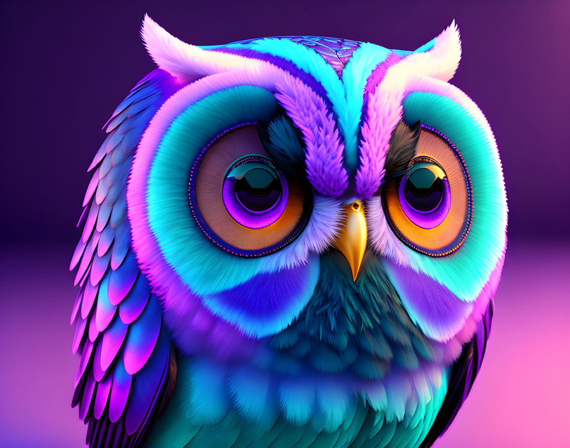 Vibrant digital art of an owl with blue and purple feathers