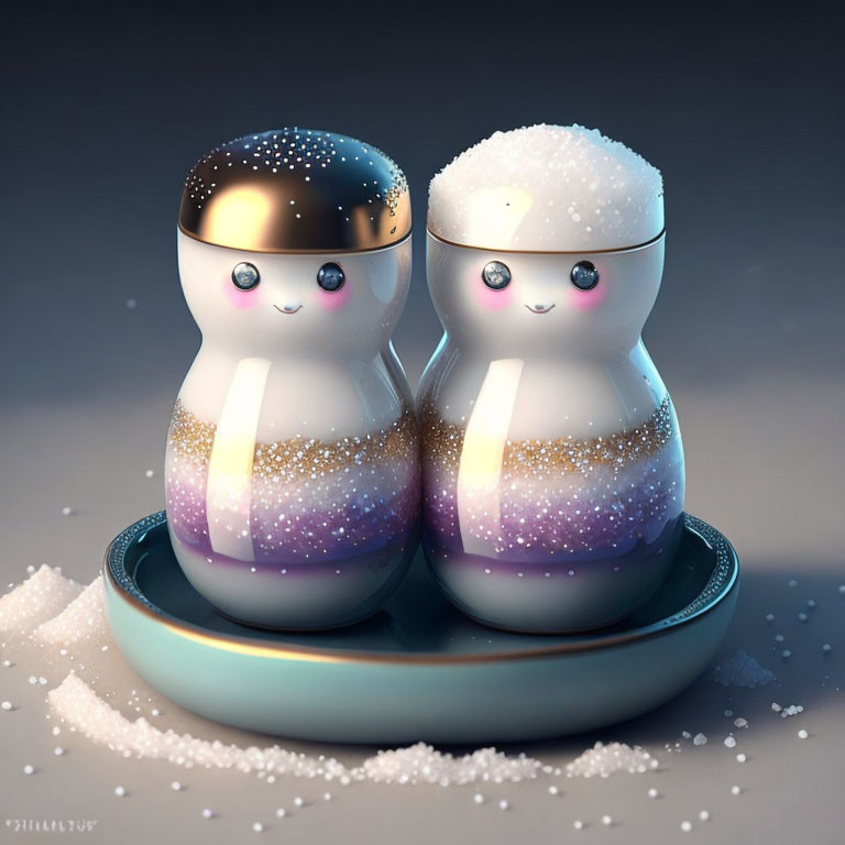 Miniature Snowman Salt and Pepper Shakers on Blue Tray