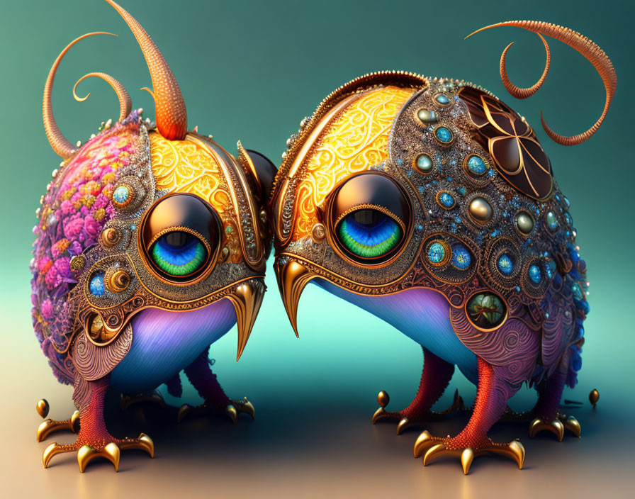 Colorful fantastical creatures with peacock-like eyes on teal background