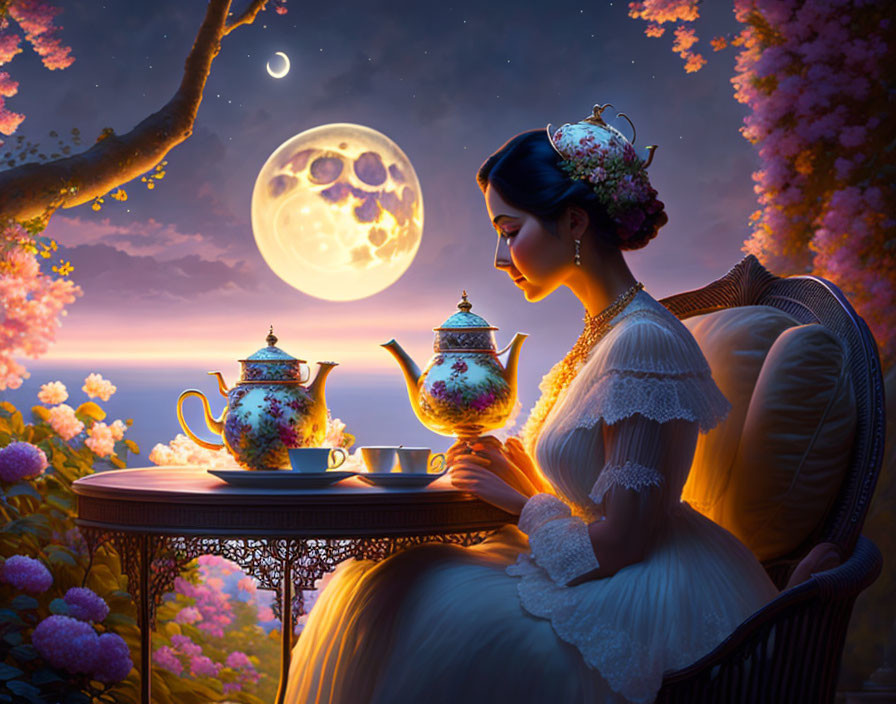 Vintage-dressed woman at table under moonlit sky with teapots and blossoming trees