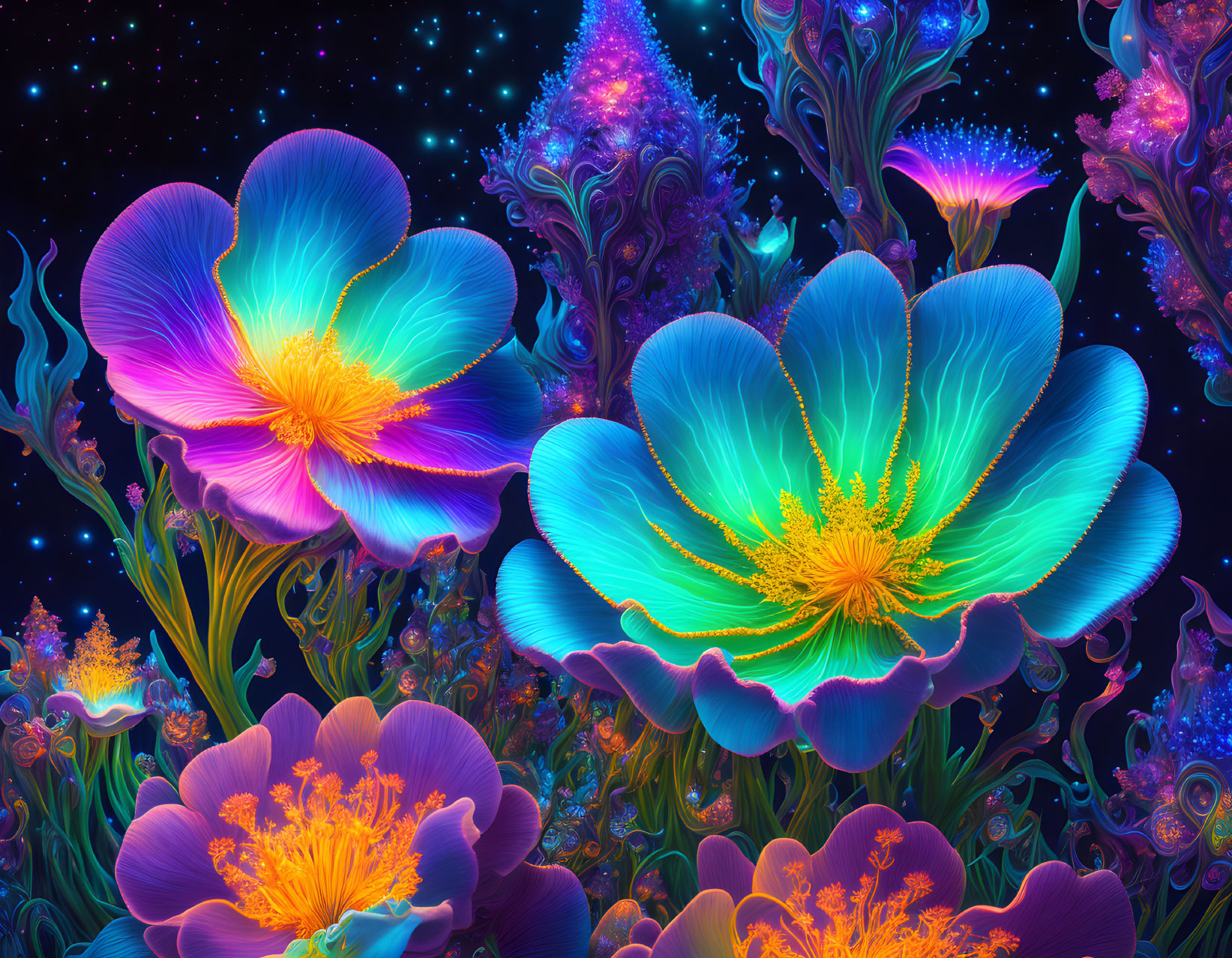 Fantastical neon-colored flowers in a starry night setting