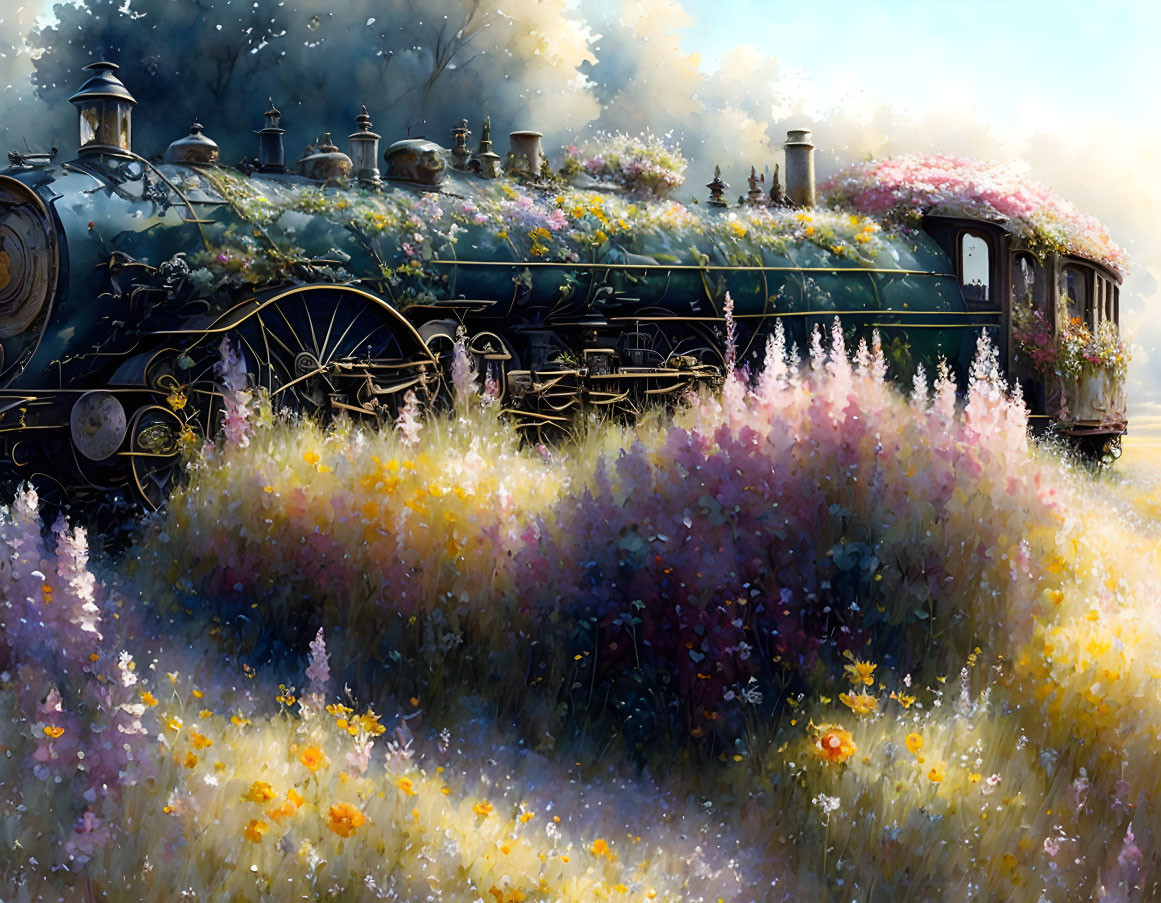 Colorful Flower-Adorned Steam Train in Whimsical Landscape