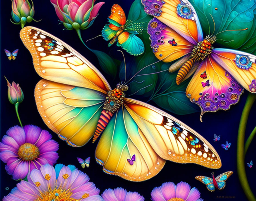 Colorful Butterfly Digital Art with Detailed Patterns and Lush Flowers