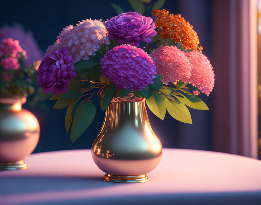 Colorful Flower Bouquet in Gold Vase with Warm Lighting